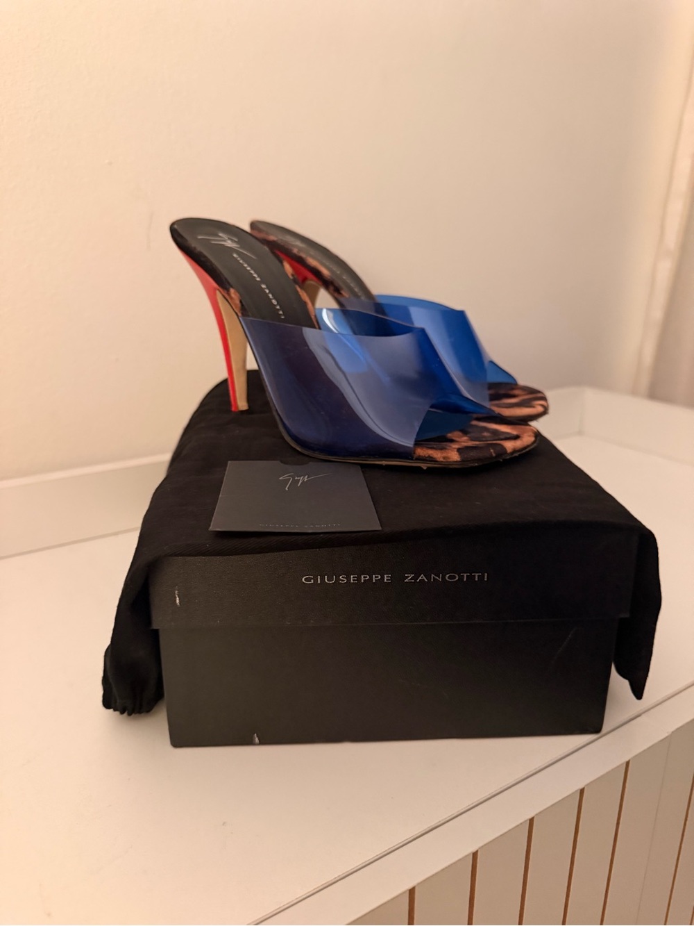 Giuseppe Zanotti Blue PVC Leopard-Trim Slide Heels